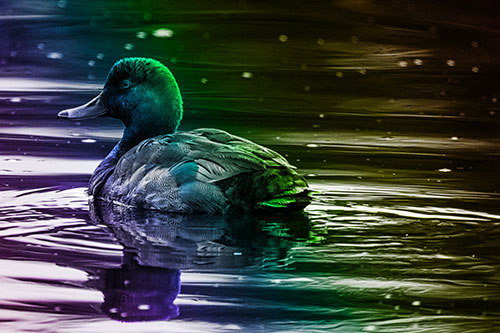 Redhead Duck Floating Atop Lake Water (Rainbow Tone)