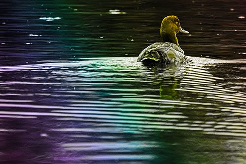 Redhead Duck Swimming Across Water (Rainbow Tone Photo)