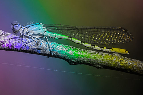 Resting Damselfly Spread Across Branch (Rainbow Tone)