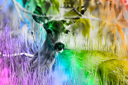 Resting White Tailed Deer Watches Surroundings (Rainbow Tone Photo)