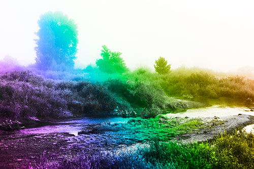 River Flowing Along Foggy Vegetation (Rainbow Tone Photo)