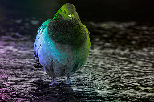 River Standing Pigeon Watching Ahead (Rainbow Tone Photo)