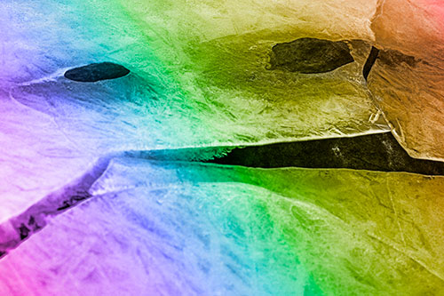 Rock Face Emerges Among Cracked Frozen Ice (Rainbow Tone)