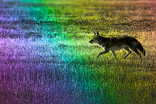 Running Coyote Hunting Among Grass Prairie (Rainbow Tone Photo)