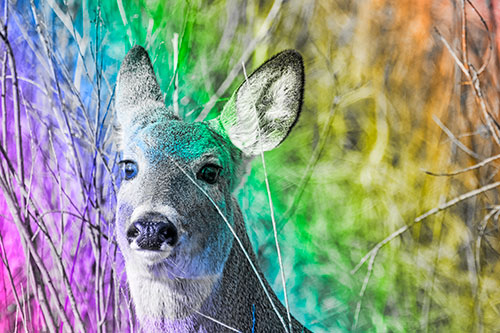 Scared White Tailed Deer Among Branches (Rainbow Tone Photo)