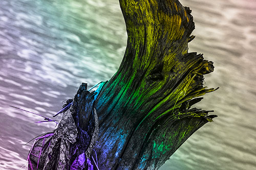 Seasick Faced Tree Log Among Flowing River (Rainbow Tone Photo)