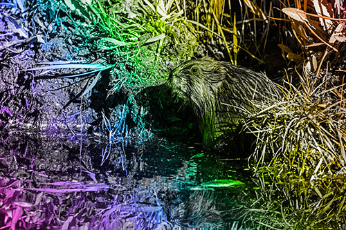 Shy Muskrat Sits Among Shallow Stream (Rainbow Tone)