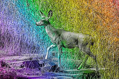 Side Glancing Mule Deer Walking Up Stepping Stones (Rainbow Tone)
