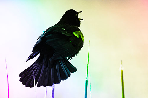 Singing Red Winged Blackbird Atop Cattail Branch (Rainbow Tone Photo)