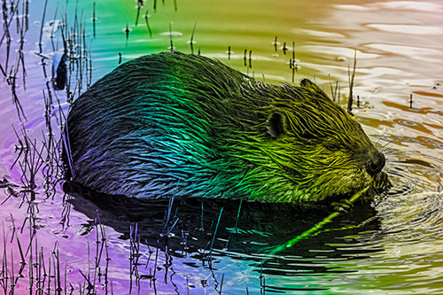 Sitting Beaver Nibbles Branch Along Shallow Rivershore (Rainbow Tone)