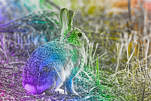 Sitting Bunny Rabbit Among Broken Plant Stems (Rainbow Tone Photo)