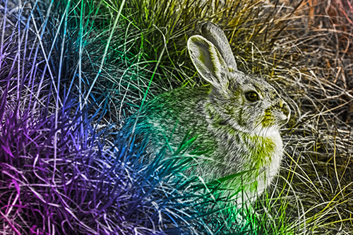 Sitting Bunny Rabbit Enjoying Sunrise Among Grass (Rainbow Tone Photo)
