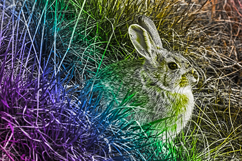 Sitting Bunny Rabbit Enjoying Sunrise Among Grass (Rainbow Tone)