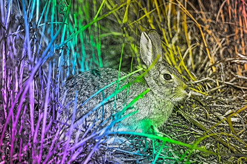 Sitting Bunny Rabbit Enjoying Sunshine Among Sticks (Rainbow Tone)