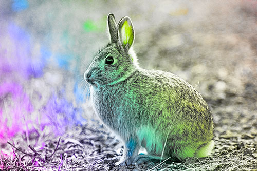 Sitting Bunny Rabbit Perched Beside Grass Blade (Rainbow Tone Photo)