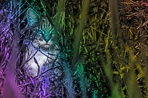 Sitting Cat Gazes Through Reed Grass (Rainbow Tone)