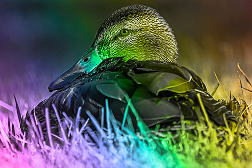 Sitting Mallard Duck Resting Among Grass (Rainbow Tone Photo)