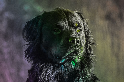 Sitting Rottweiler Dog Poses Among Sunrise (Rainbow Tone)