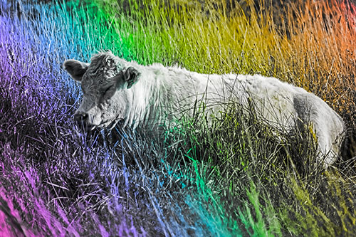 Sleeping Cow Resting Among Grass (Rainbow Tone Photo)