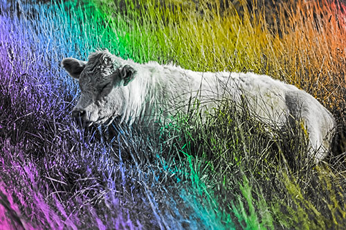 Sleeping Cow Resting Among Grass (Rainbow Tone)