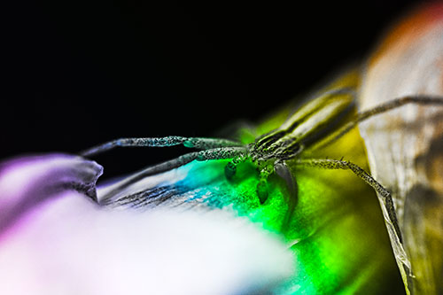Slender Crab Spider Sprawled Out Among Plant (Rainbow Tone)