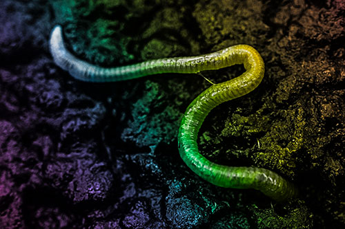 Slimy Earthworm Stuck Between Damp Pavement Crevice (Rainbow Tone)
