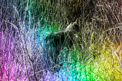 Sneaking Coyote Hunting Through Trees (Rainbow Tone Photo)