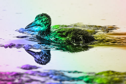 Soaked Mallard Duckling Swimming Past Algae (Rainbow Tone)
