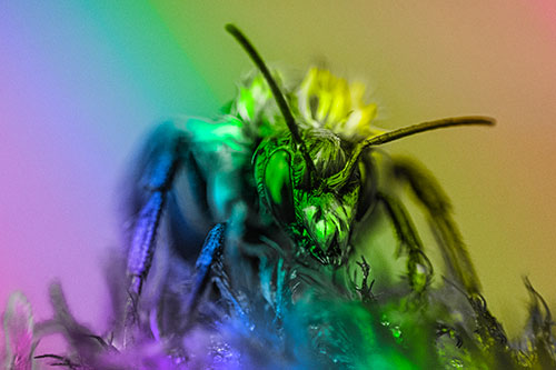 Soaking Wet Honey Bee Standing Atop Blanket Flower (Rainbow Tone)