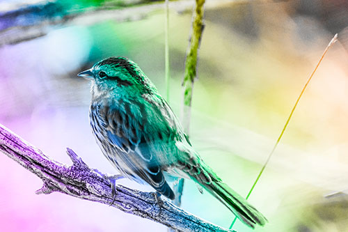Song Sparrow Overlooking Water Pond (Rainbow Tone Photo)