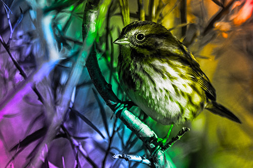 Song Sparrow Perched Along Curvy Tree Branch (Rainbow Tone Photo)