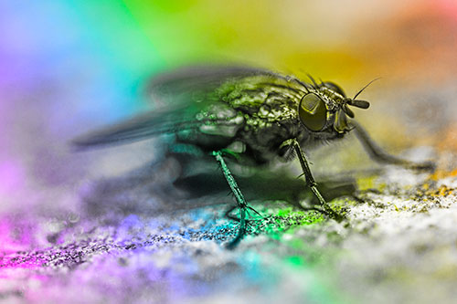 Standing Cluster Fly Getting Suntan Atop Rock (Rainbow Tone)