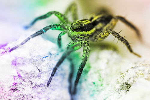 Standing Wolf Spider Guarding Rock Top (Rainbow Tone)