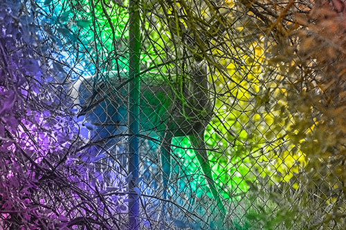 Startled White Tailed Deer Freezes Behind Chain Link Fence (Rainbow Tone)