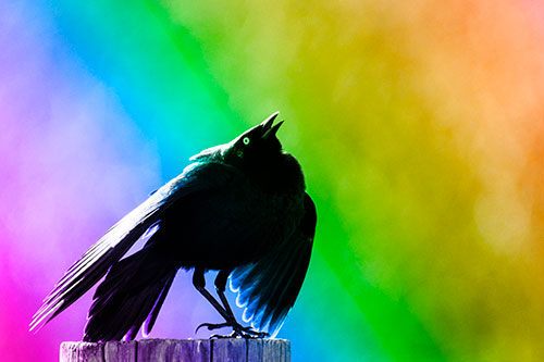 Stomping Grackle Croaking Atop Wooden Fence Post (Rainbow Tone Photo)