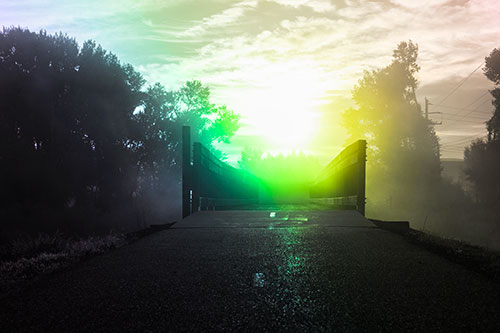 Sun Rises Beyond Foggy Wooden Walkway Bridge (Rainbow Tone Photo)