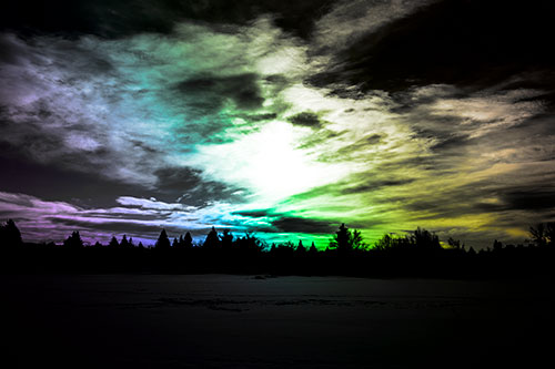 Sun Vortex Illuminates Clouds Above Dark Lit Lake (Rainbow Tone Photo)