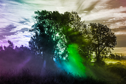 Sunlight Rays Burst Through Fog Surrounded Trees (Rainbow Tone)