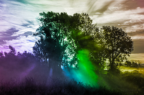 Sunlight Rays Burst Through Fog Surrounded Trees (Rainbow Tone Photo)