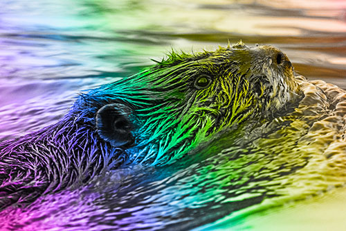 Swimming Beaver Keeping Head Above Water (Rainbow Tone Photo)