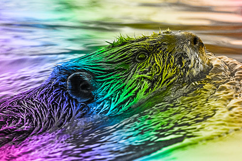 Swimming Beaver Keeping Head Above Water (Rainbow Tone)
