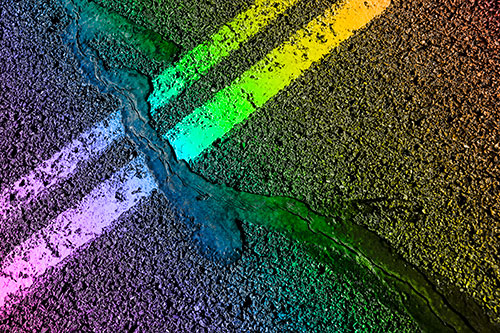 Tar Creeping Over Sidewalk Pavement Lane Marks (Rainbow Tone Photo)