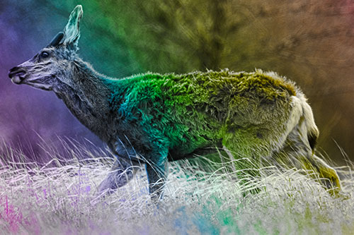 Tense Faced Mule Deer Wanders Among Blowing Grass (Rainbow Tone Photo)