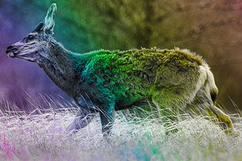Tense Faced Mule Deer Wanders Among Blowing Grass (Rainbow Tone)
