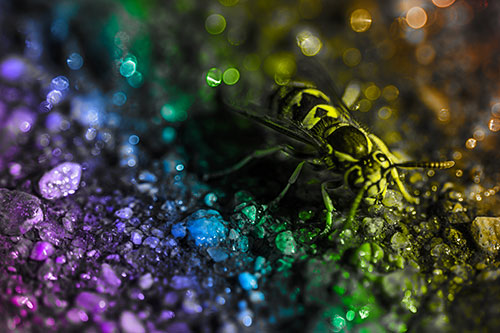 Thirsty Yellowjacket Wasp Among Soaked Sparkling Rocks (Rainbow Tone Photo)