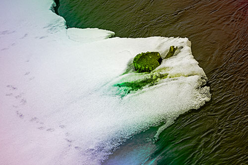 Tree Stump Eyed Snow Face Creature Along River Shoreline (Rainbow Tone Photo)