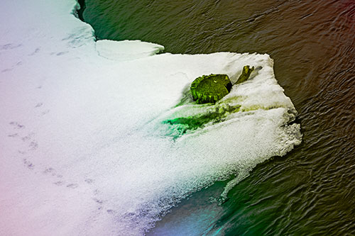 Tree Stump Eyed Snow Face Creature Along River Shoreline (Rainbow Tone)
