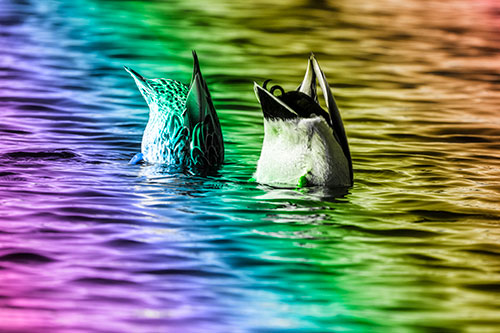Two Ducks Upside Down In Lake (Rainbow Tone Photo)