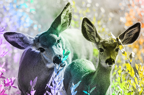 Two Mule Deer Enjoying Leafy Breakfast (Rainbow Tone)