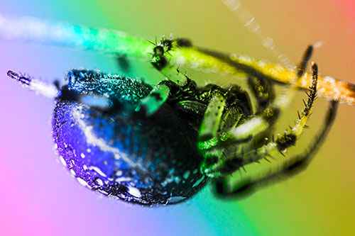 Upside Down Furrow Orb Weaver Spider Crawling Along Stem (Rainbow Tone)